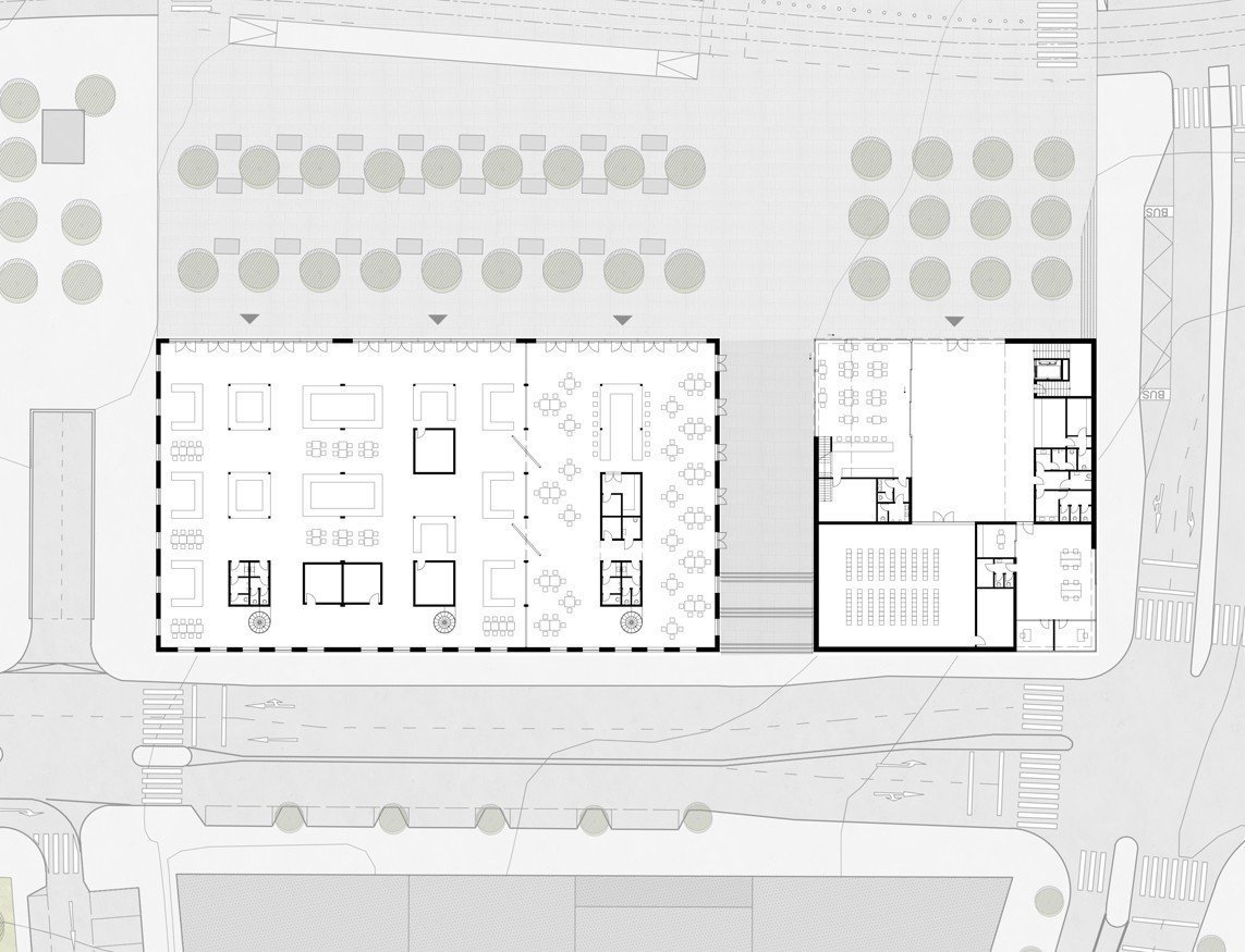 Subcentrum Klamovka - Nové lokální centrum v Plzeňské ulici, půdorys 1NP, Klára Jeníková