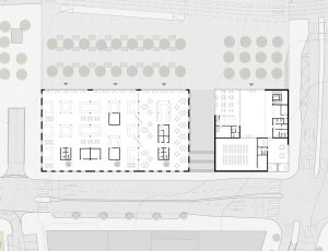Subcentrum Klamovka - Nové lokální centrum v Plzeňské ulici, půdorys 1NP, Klára Jeníková