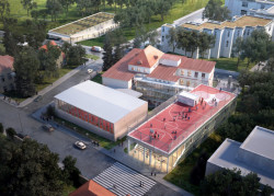 Celkový pohled na navrženou dostavbu stávající budovy školy a nový pavilon, 3. cena, MAS Architects.