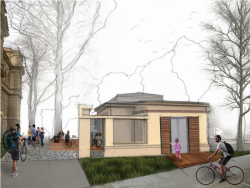 Vizualizace vstupu do bývalé kuželny v Plzni podle návrhu studia Kamila Mrvy.