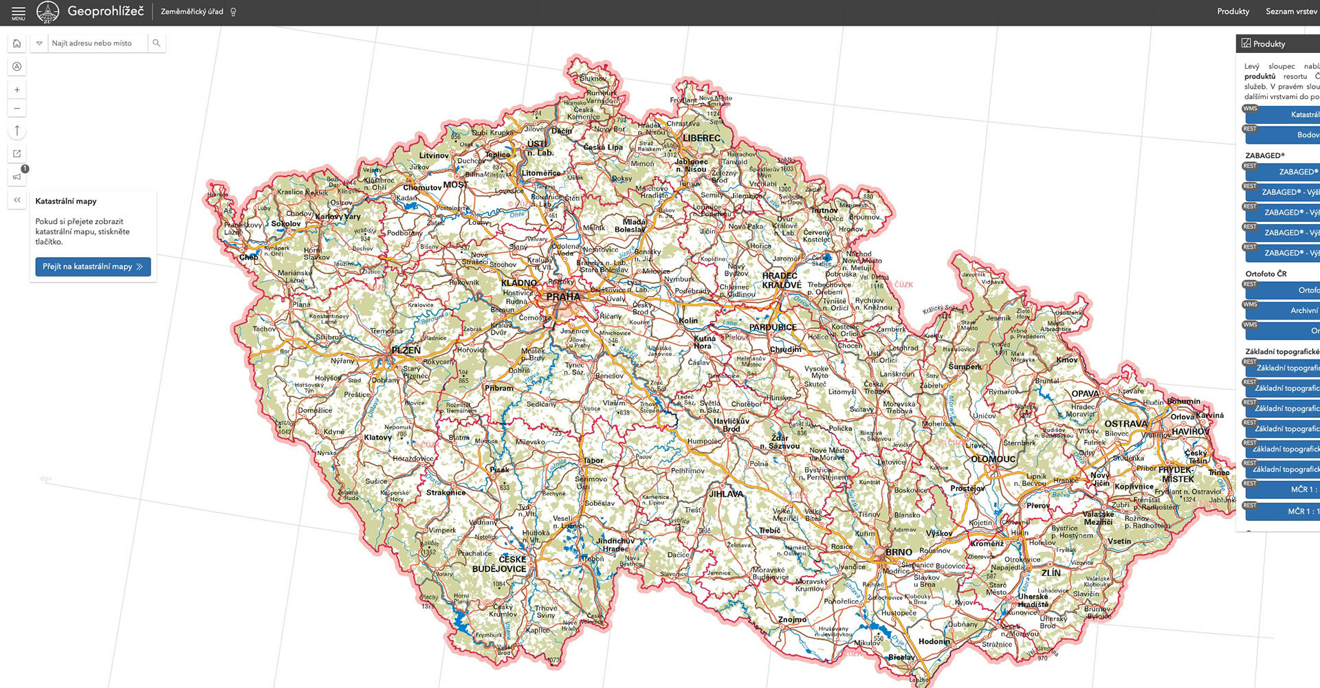 Geoprohlížeč - hlavní stránka webové aplikace provozovaná ČÚZK