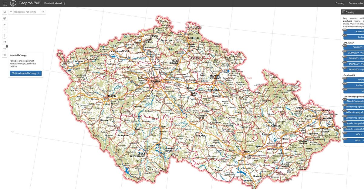Geoprohlížeč - hlavní stránka webové aplikace provozovaná ČÚZK