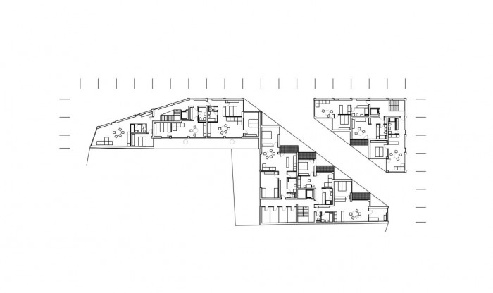 Vítězný návrh bytového domu v Ostravě, půdorys 4NP, Michal Palaščák, dílna.