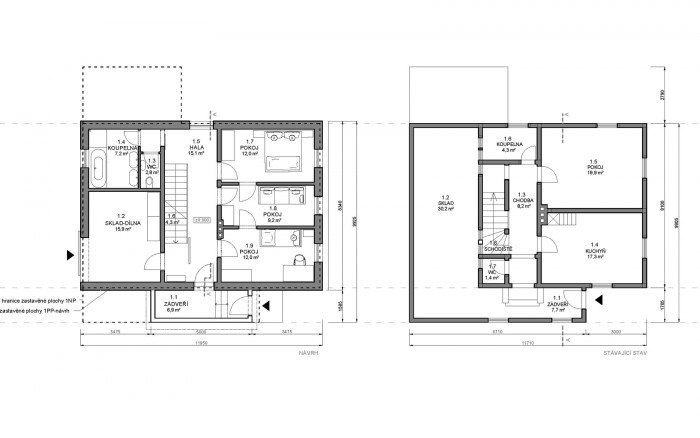 Přestavba chaty ve Svatém Petru, Znamení čtyř - architekti. půdorysy vstupního podlaží