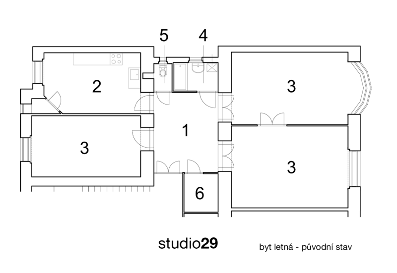 studio29, Interiér bytu na Letné, půdorys původní – foto