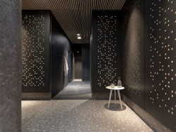 Vláknocementové desky mají využití v mnoha interiérech - v restauracích, galeriích, stanicích metra i doma. (na obrázku Linth Arena ve Švýcarsku)