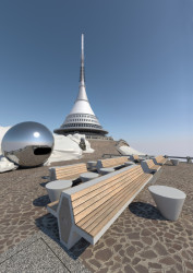 Vizualizace Ještědu s vyhlídkovou terasou, novým mobiliářem a kioskem