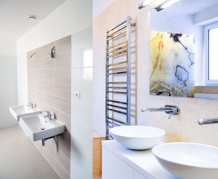 SENAA, Interiér bytu v Brně, koupelna, srovnání původního a nového stavu – foto