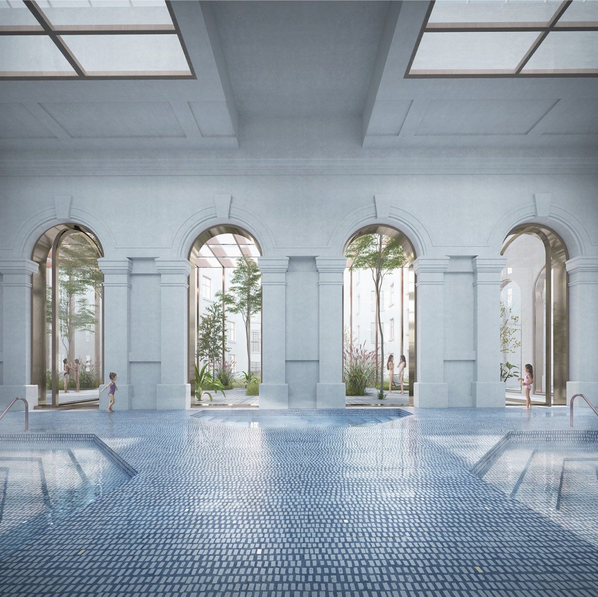 Vítězný návrh na rekonstrukci lázní Grössling v Bratislavě od italského studia OPPS Architettura, rekreační bazény. Vizualizace: luce.atelier
