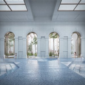 Vítězný návrh na rekonstrukci lázní Grössling v Bratislavě od italského studia OPPS Architettura, rekreační bazény. Vizualizace: luce.atelier