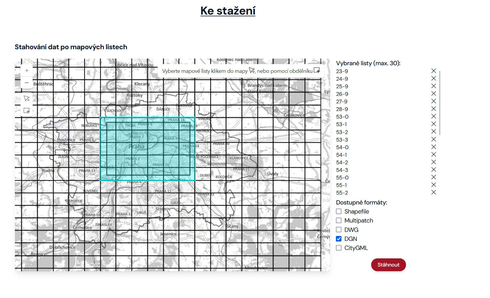 Vylepšené rozhraní pro snazší stahování jednotlivých mapových listů