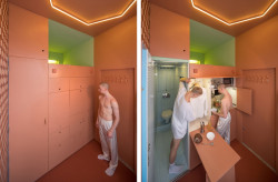 Nábytková stěna, v níž je ukrytá kuchyně i jídelna. (Minimální byt v Rotterdamu, STAR - Strategies and Architecture, BOARD - Bureau of Architecture, Research and Design)