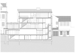 Řez podélný (Bytový dům na Malé Straně; architektonický ateliér Ladislava Lábuse)