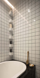 Obklady a dlažba se zvládla položit bez dořezů (Rekonstrukce bytu v Praze-Libni; Matika Architecture)
