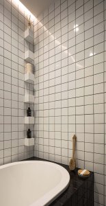 Obklady a dlažba se zvládla položit bez dořezů (Rekonstrukce bytu v Praze-Libni; Matika Architecture)