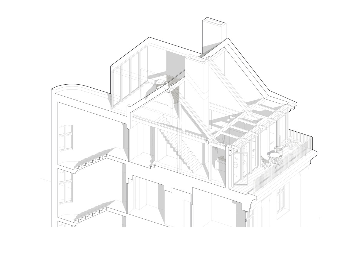 Axonometrie (Nástavba Harfa; matěj šebek architekti)