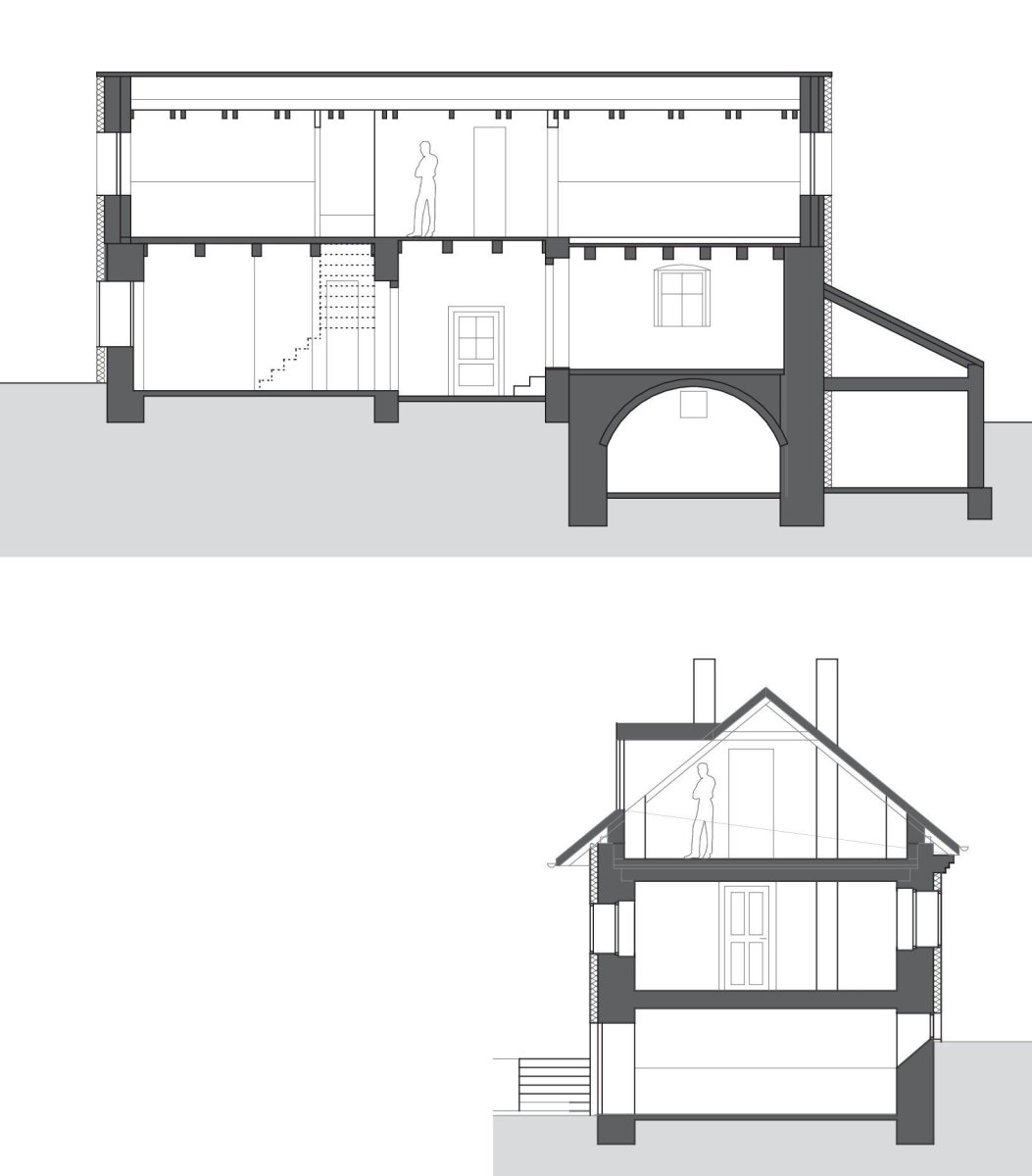 Rekonstrukce rodinného domu v Černošicích, řezy, 3+1 architekti
