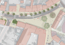 Situace - Náměstí Almy Rosé v Jihlavě, krajinné řešení Magdaléna Myšková Kaščáková - soutěž 2022 - 3. místo (první nebylo uděleno)