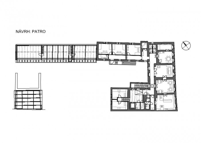 Úprava bývalé fary ve Chvalšinách na zařízení pro  pobyty osob s poruchami autistického spektra, 4DS, půdorys patro