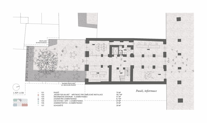 Vítězný návrh Centra současného umění a architektury v Českých Budějovicích od studií AFF Architekten + Malý Chmel, půdorys 1NP