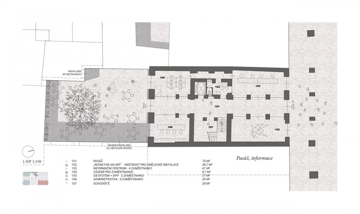 Vítězný návrh Centra současného umění a architektury v Českých Budějovicích od studií AFF Architekten + Malý Chmel, půdorys 1NP