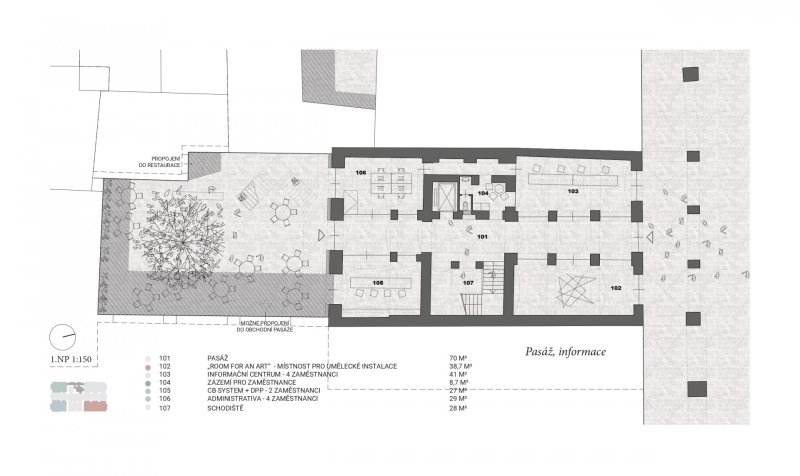 Vítězný návrh Centra současného umění a architektury v Českých Budějovicích od studií AFF Architekten + Malý Chmel, půdorys 1NP