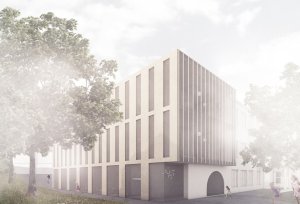 Navržená dostavba stávající školní budovy, Petr Průša, Michaela Horáková, Sasha Derkach, Dmytro Matviishyn.