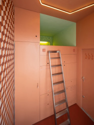 Když se přistaví žebřík, lze se dostat na spací patro. (Minimální byt v Rotterdamu, STAR - Strategies and Architecture, BOARD - Bureau of Architecture, Research and Design)