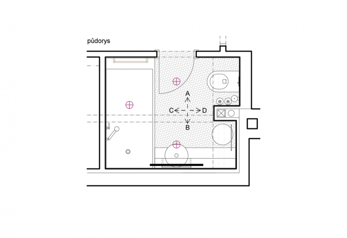 Formafatal, A&G byt Vinohrady, bílá koupelna, půdorys – foto