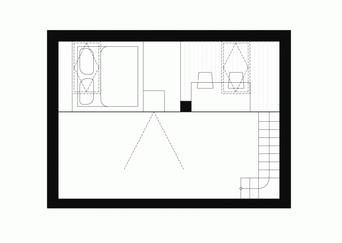 Mooza architecture, Interiér mezonetového bytu v Holešovicích, půdorys druhého patra - foto