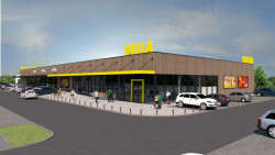 Billa a malé nákupní centrum za obcí Senohraby. Budou ze dřeva.