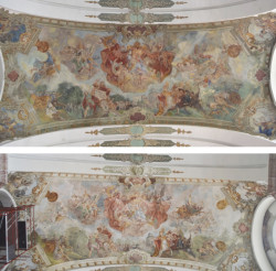 "Panna Marie Ochranitelka" před a po restaurování (Fresky v kostele Narození Panny Marie v Domažlicích restaurovali Jiří Suchan a David Hrabálek)