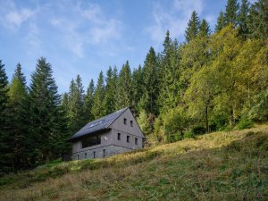 Velkoformátové okno směřuje dolů ze svahu. (Chalupa Na Kukačkách; edit! architects)