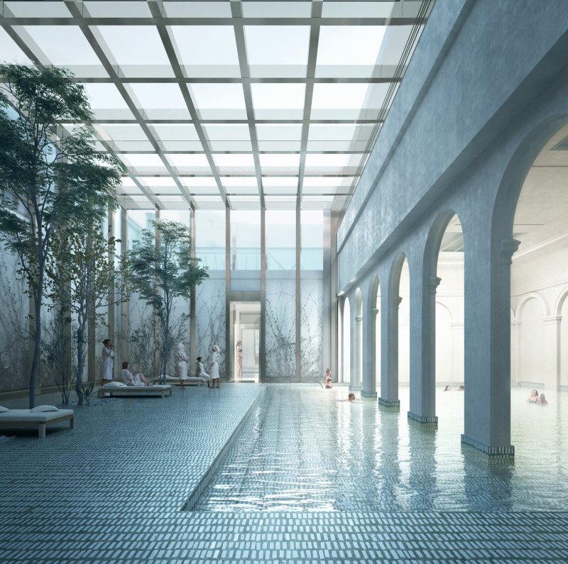Vítězný návrh na rekonstrukci lázní Grössling v Bratislavě od italského studia OPPS Architettura, plavecký bazén. Vizualizace: luce.atelier
