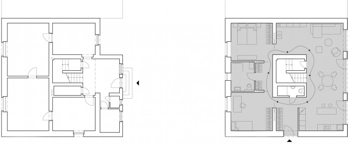 Půdorys 1NP - původní a současný stav