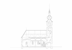 Rekonstrukce evangelického kostela v Hodslavicích, řez, studio OBJEKTOR
