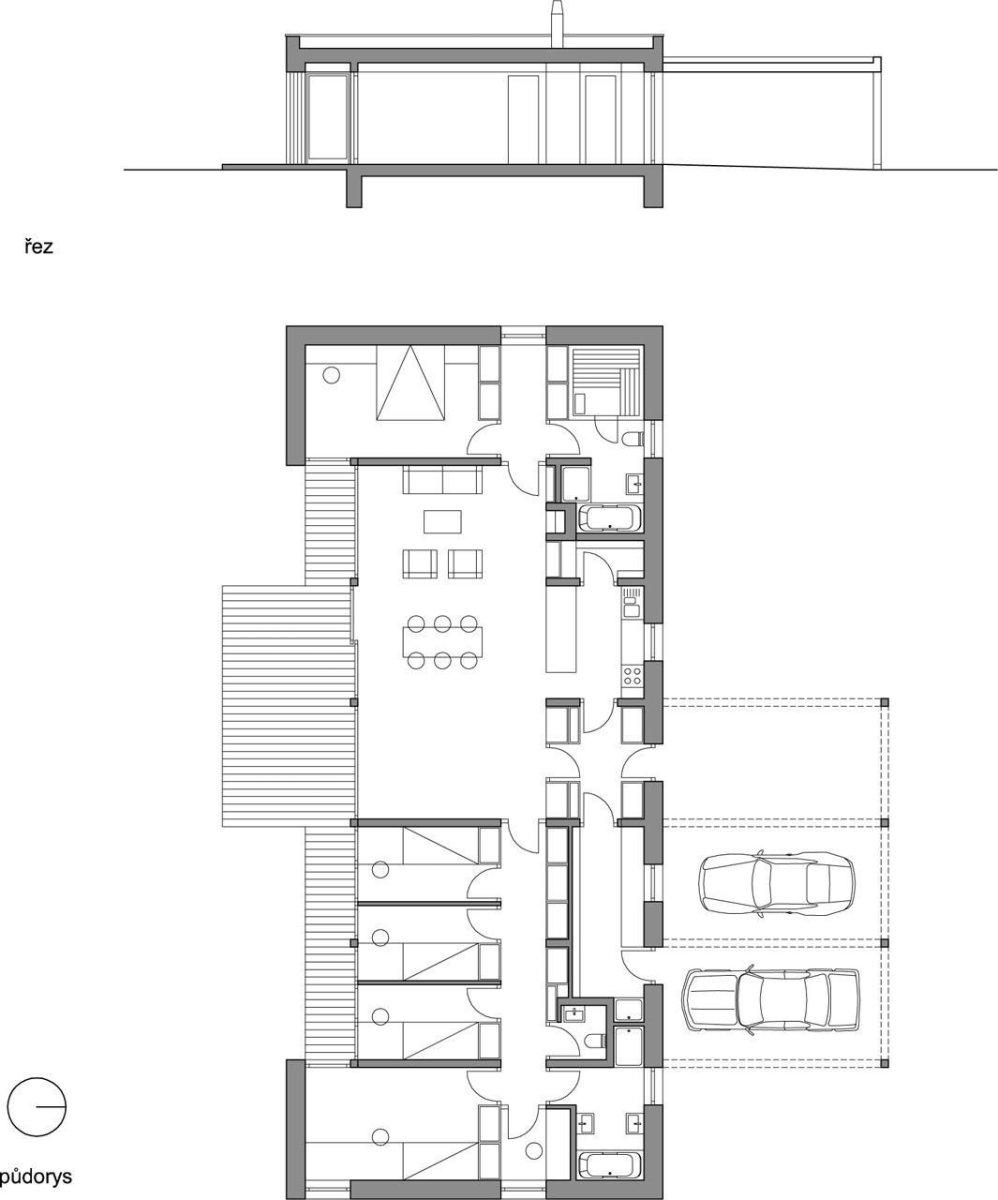 stempel & tesar architekti, Rodinný dům v Unhošti, půdorys a řez – foto