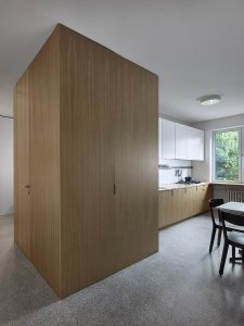 Rekonstrukce bytu a bytového domu Nový Svet, ARCHITEKTI mikulaj & mikulajová - prostoru nyní dominuje dřevěná kostka rafinovaně ukrývající toaletu