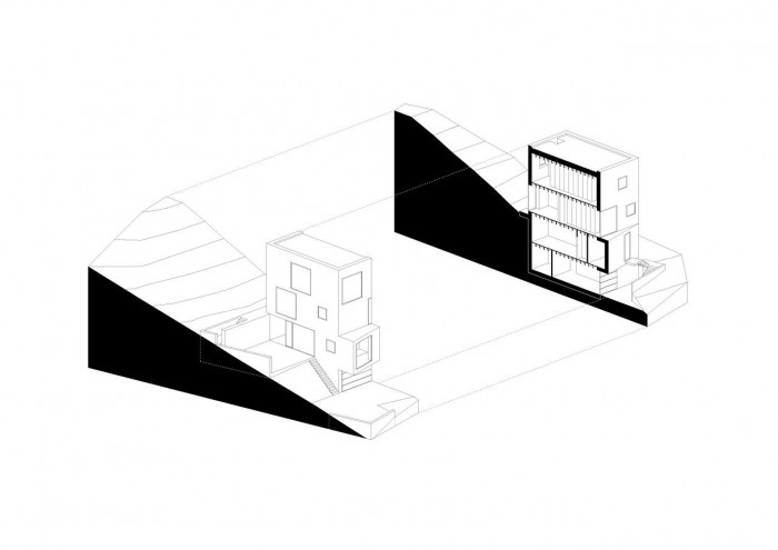 plusminusarchitects, Rodinný dom Dlhé Diely, Bratislava, axonometrie s řezem – foto