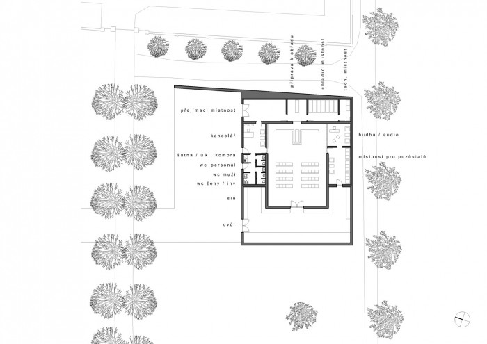 Městská smuteční síň v Dobrušce, půdorys, ATELIER ARCHITEKTURY, Šuda - Horský, a.s.