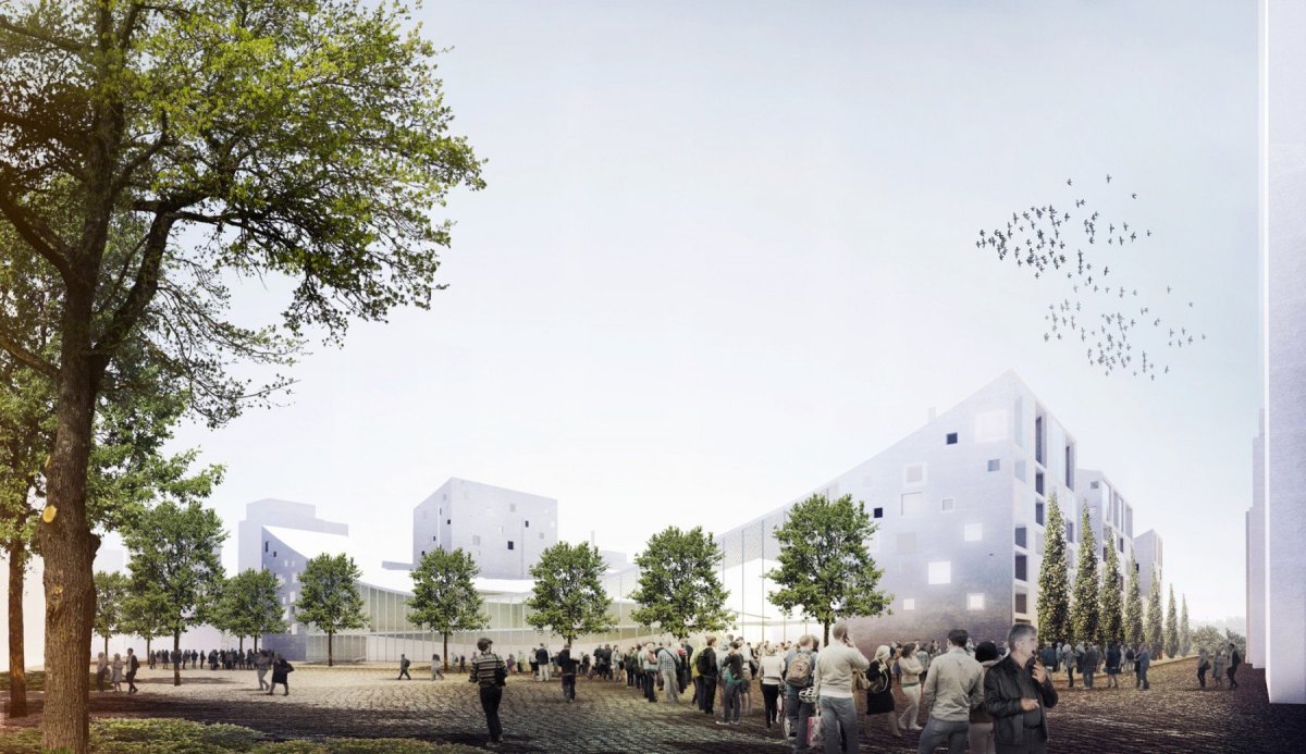 Projekt kombinující fatbalový stadion Tammela a bytové bloky z roku 2014, studio JKMM