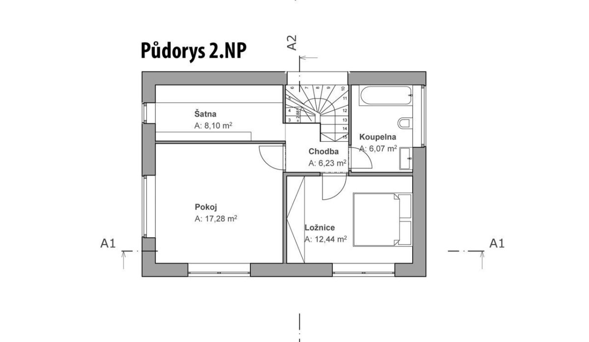 Rodinný dům v Černošicích, půdorys 2NP, 3AE