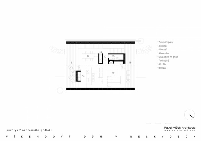 Víkendový dům v Beskydech, Pavel Míček Architects, půdorys 2NP
