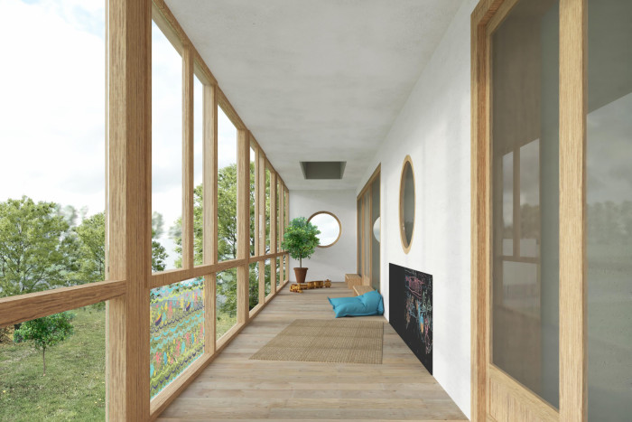 Školka Červený vrch v Praze od studia re:architekti, 1. místo ve veřejné architektonické soutěži. Vizualizace zimní zahrady.