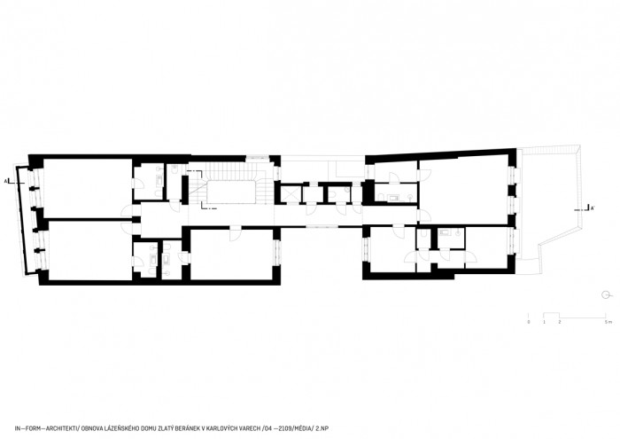 Obnova lázeňského domu Zlatý Beránek v Karlových Varech, půdorys 2np, IN-FORM-ARCHITEKTI