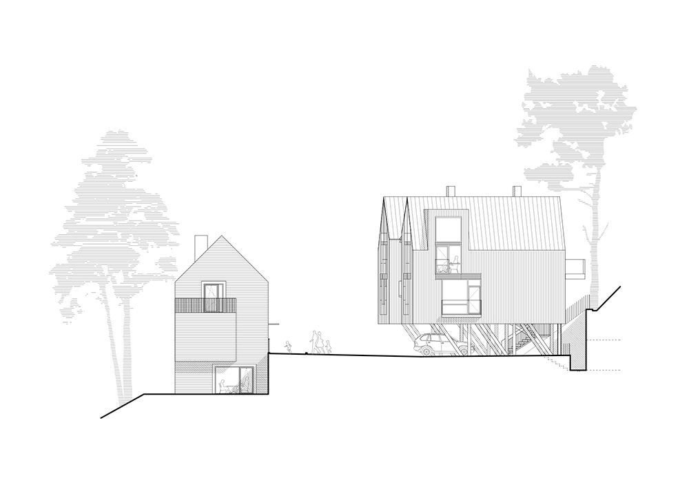 Paleko Arch Studija, PLAZMA Architecture Studio, dřevěné domky Rasu u Vilniusu, bokorys ulice, výkres