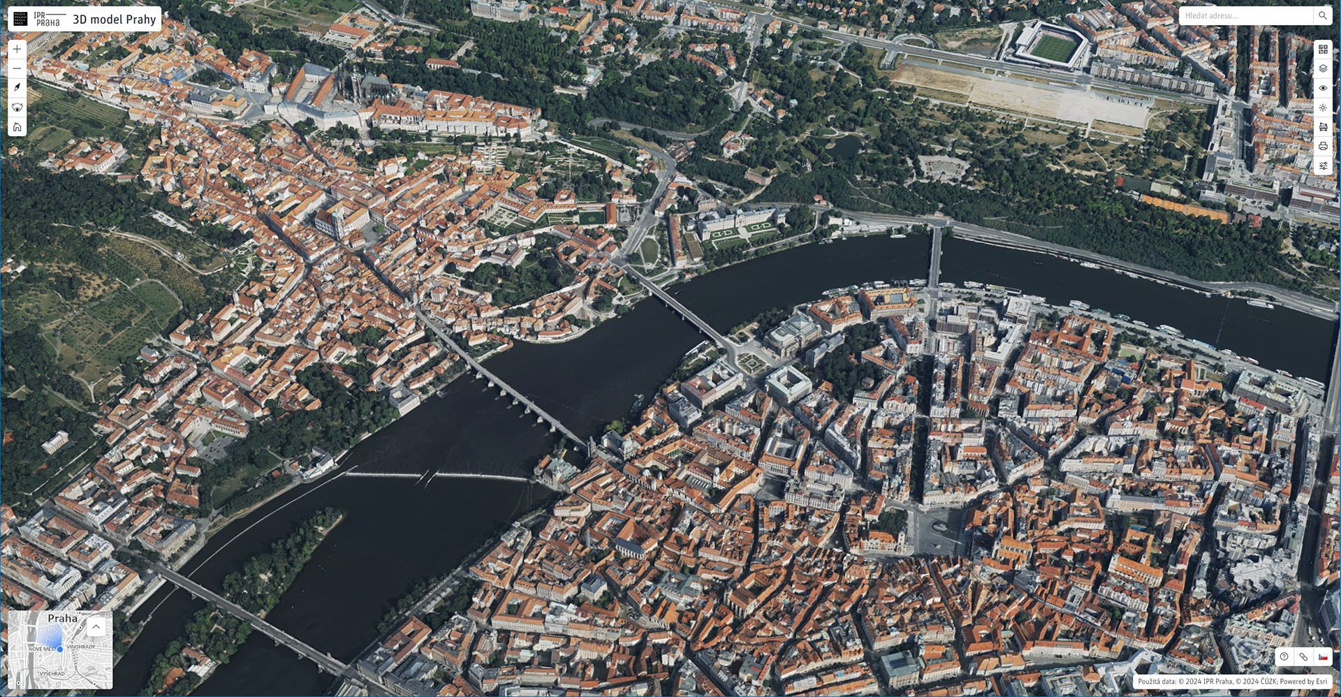 Náhled na rozhraní 3D modelu Prahy ve fotorealistickém zobrazení  v rozhraní aplikace ArcGIS