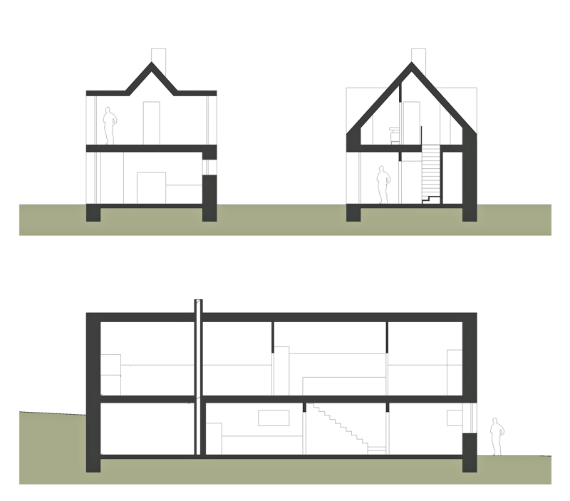 3+1 architekti, Rodinný dům Košťálov, řezy – foto