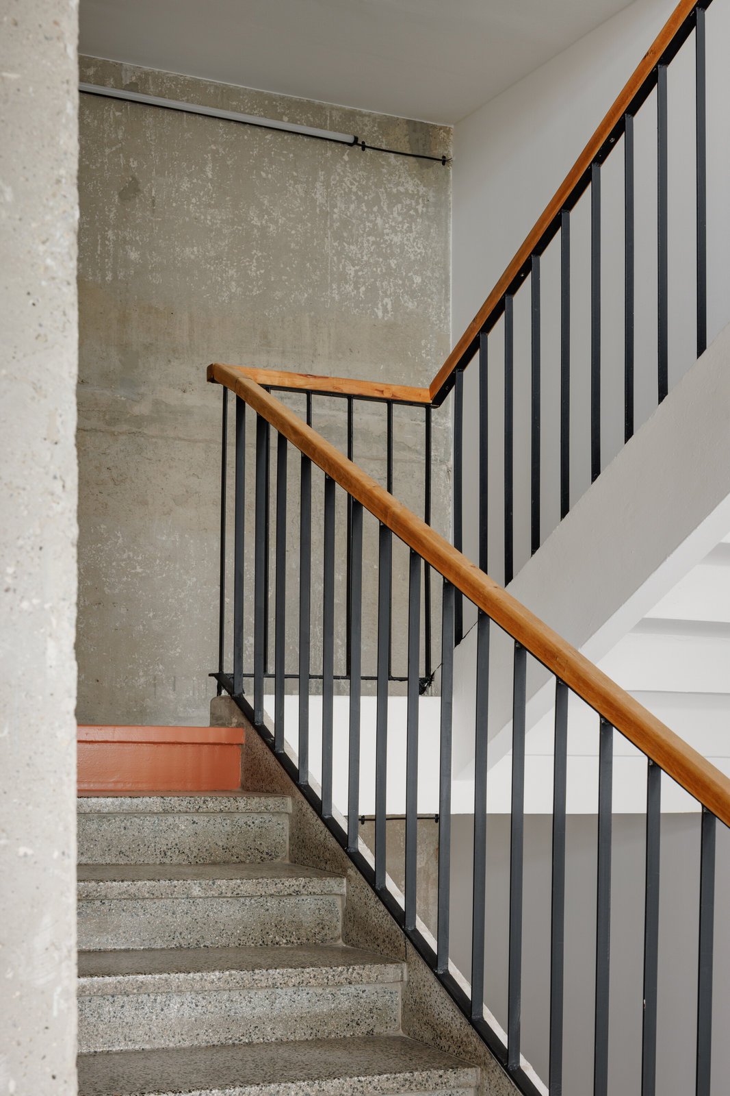 Na podlaze je původní teraco "italské kvality." (Rekonstrukce ubytovny v Košicích; Atrium Architekti)