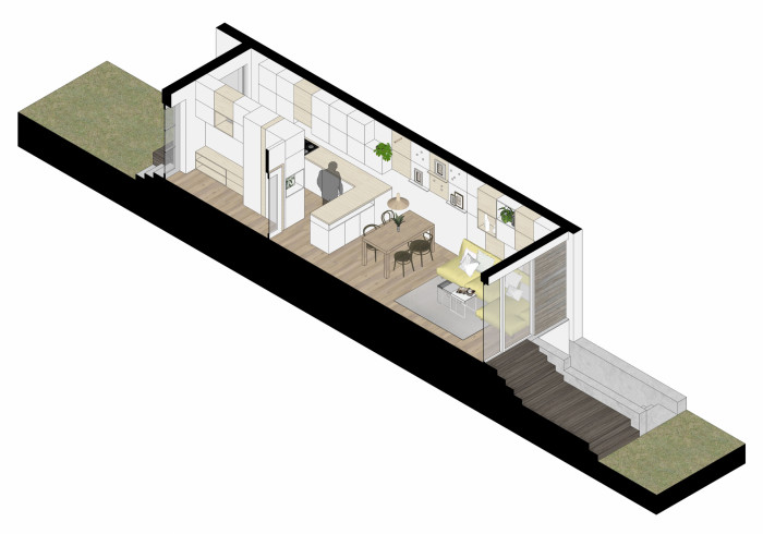 Řadový dům Solidarita, axonometrie, Mooza architecture, zdroj : Mooza architecture